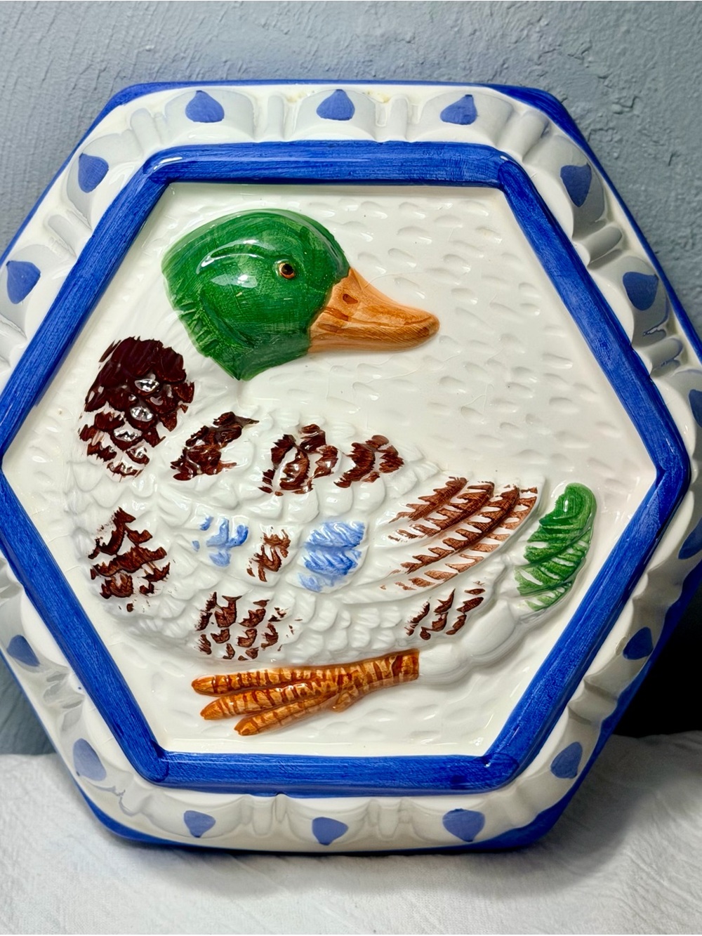 Vintage Hand-Painted Ceramic Mallard Duck Wall Plaque - Blue, Green, Orange - Picture 4 of 8
